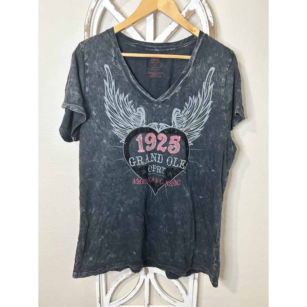 Grand Ole Opry Nashville Acid Wash V-Neck Graphic T-Shirt Rhinestone Wings 2XL